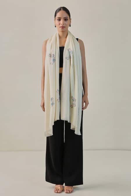 Shop SHAZA Ivory Nowshin Embroidered Pashmina Stole at Aza Fashions Shop_SHAZA_Ivory Nowshin Embroidered Pashmina Stole _at_Aza_Fashions