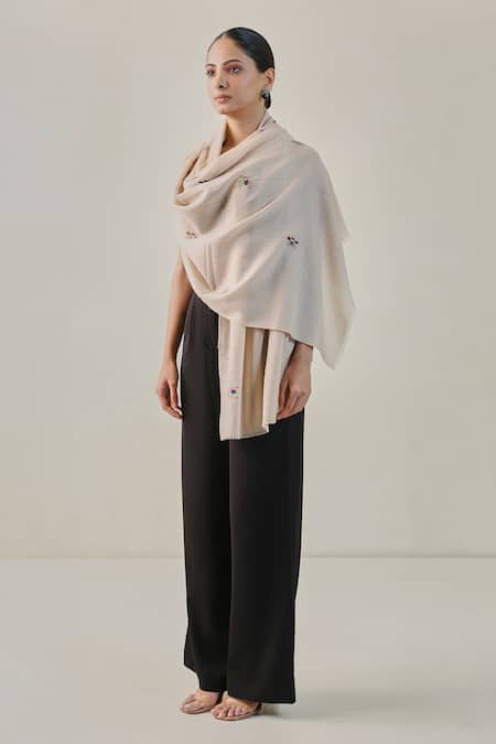 Shop SHAZA Ivory Pashmina Embroidered Motif Stole at Aza Fashions Shop_SHAZA_Ivory Pashmina Embroidered Motif Stole _at_Aza_Fashions