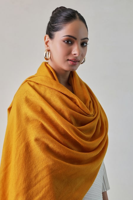 SHAZA_Mustard Gazala Cashmere Plain Shawl _Online_at_Aza_Fashions