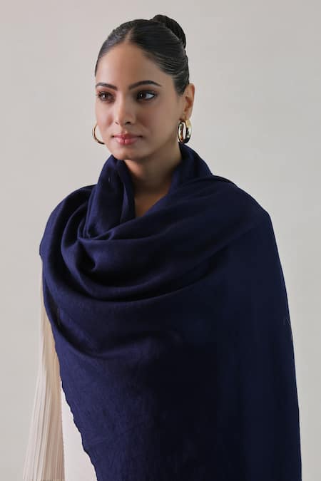 SHAZA_Navy Gazala Solid Cashmere Shawl _Online_at_Aza_Fashions
