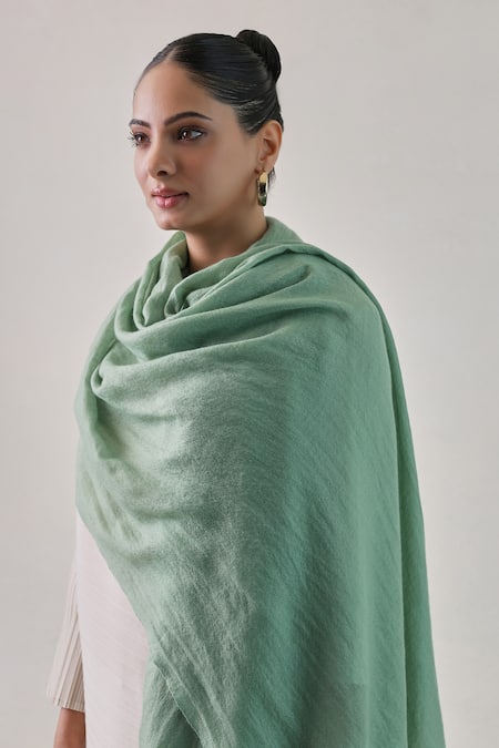 SHAZA_Green Gazala Solid Cashmere Shawl _Online_at_Aza_Fashions