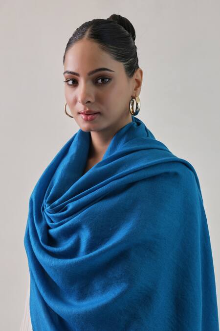 SHAZA_Blue Gazala Cashmere Solid Shawl _Online_at_Aza_Fashions