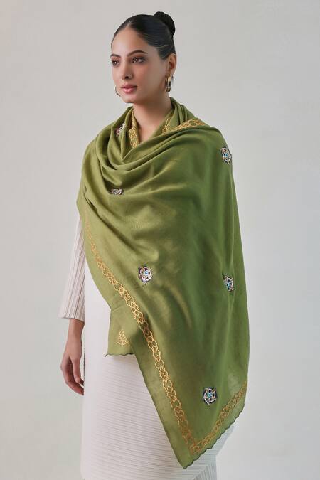 SHAZA Olive Green Georgia Floral Embroidered Pashmina Stole 