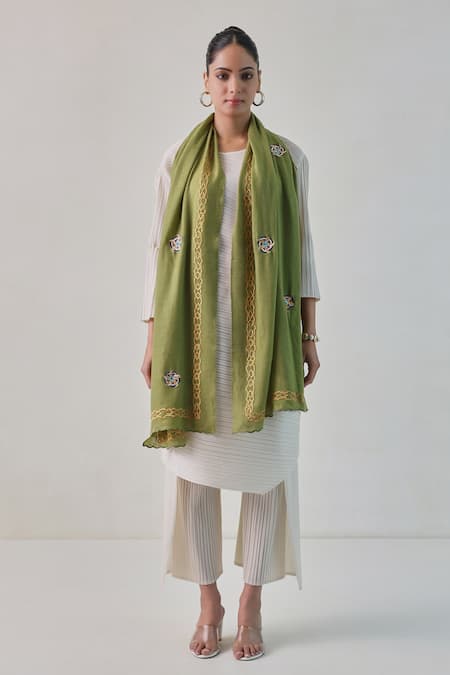 Shop SHAZA Olive Green Georgia Floral Embroidered Pashmina Stole at Aza Fashions Shop_SHAZA_Olive Green Georgia Floral Embroidered Pashmina Stole _at_Aza_Fashions