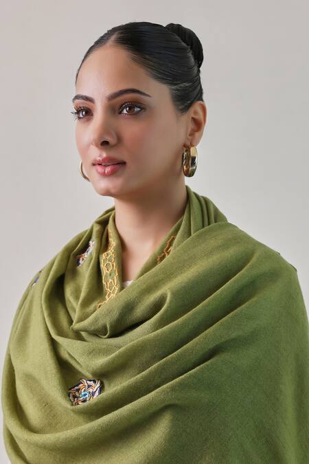 Buy SHAZA Olive Green Georgia Floral Embroidered Pashmina Stole Online at Aza Fashions Buy_SHAZA_Olive Green Georgia Floral Embroidered Pashmina Stole _Online_at_Aza_Fashions