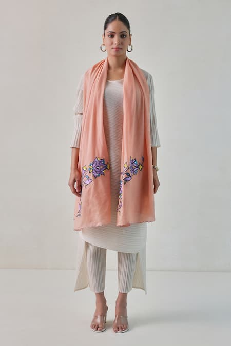 Shop SHAZA Peach Naaz Floral Embroidered Pashmina Stole at Aza Fashions Shop_SHAZA_Peach Naaz Floral Embroidered Pashmina Stole _at_Aza_Fashions