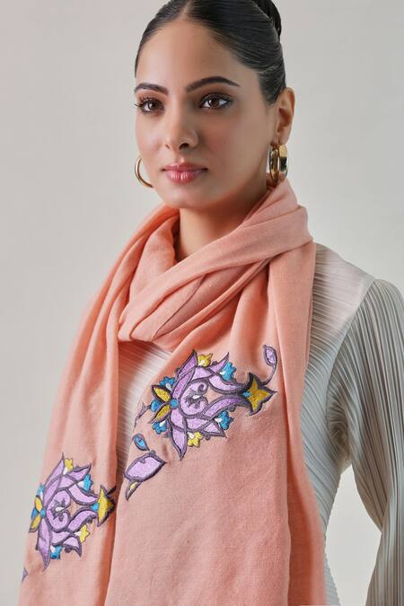 SHAZA Peach Naaz Floral Embroidered Pashmina Stole Online at Aza Fashions SHAZA_Peach Naaz Floral Embroidered Pashmina Stole _Online_at_Aza_Fashions