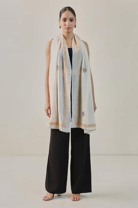 Shop SHAZA Ivory Norhan Floral Embroidered Pashmina Stole at Aza Fashions Shop_SHAZA_Ivory Norhan Floral Embroidered Pashmina Stole _at_Aza_Fashions