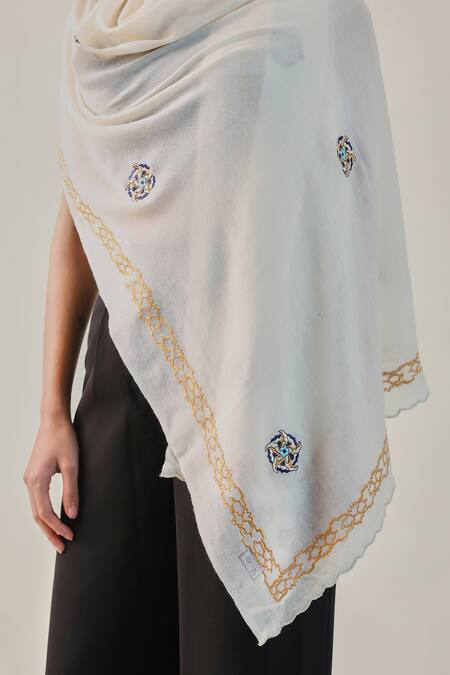 Buy SHAZA Ivory Norhan Floral Embroidered Pashmina Stole Online at Aza Fashions Buy_SHAZA_Ivory Norhan Floral Embroidered Pashmina Stole _Online_at_Aza_Fashions