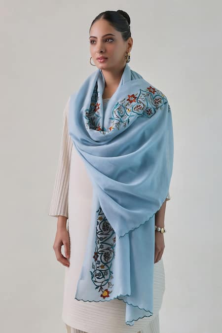 SHAZA Blue Junia Floral Embroidered Pashmina Stole 
