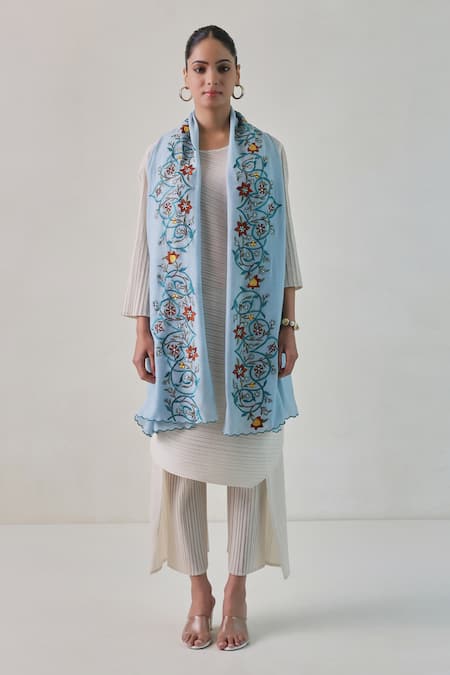 Shop SHAZA Blue Junia Floral Embroidered Pashmina Stole at Aza Fashions Shop_SHAZA_Blue Junia Floral Embroidered Pashmina Stole _at_Aza_Fashions
