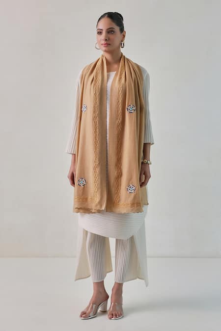 Shop SHAZA Beige Hera Floral Embroidered Pashmina Stole at Aza Fashions Shop_SHAZA_Beige Hera Floral Embroidered Pashmina Stole _at_Aza_Fashions