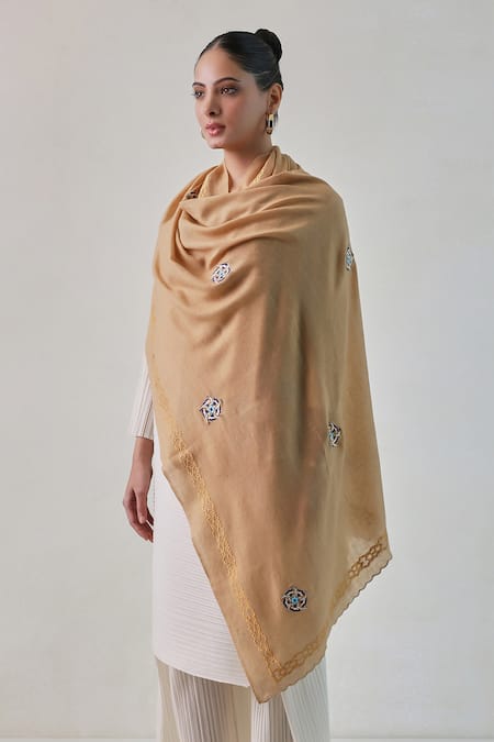 SHAZA Beige Hera Floral Embroidered Pashmina Stole 