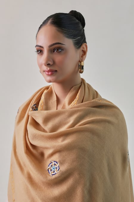 SHAZA Beige Hera Floral Embroidered Pashmina Stole Online at Aza Fashions SHAZA_Beige Hera Floral Embroidered Pashmina Stole _Online_at_Aza_Fashions