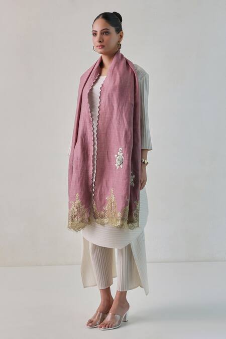 Shop SHAZA Pink Elena Pashmina Floral Embroidered Stole at Aza Fashions Shop_SHAZA_Pink Elena Pashmina Floral Embroidered Stole _at_Aza_Fashions