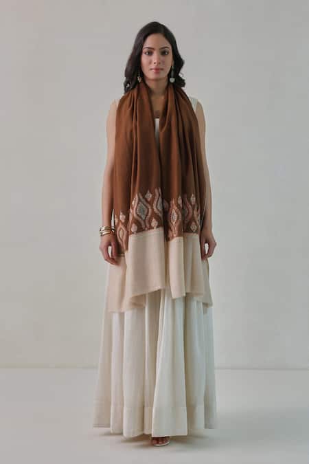 Shop SHAZA Brown Nusrat Handwoven Needlework Embroidered Stole at Aza Fashions Shop_SHAZA_Brown Nusrat Handwoven Needlework Embroidered Stole _at_Aza_Fashions
