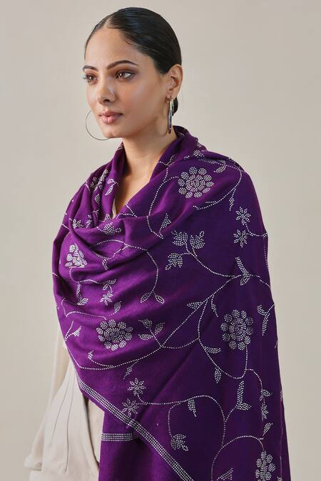 SHAZA_Purple Era Of Zaywar Jaal Swarovski Embellished Stole _Online_at_Aza_Fashions