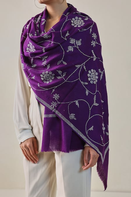 Buy_SHAZA_Purple Era Of Zaywar Jaal Swarovski Embellished Stole _Online_at_Aza_Fashions