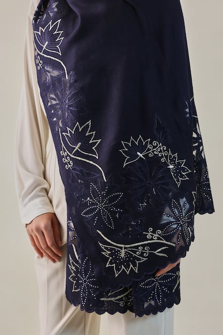 SHAZA_Blue Moira Vineyard Zaywar Cutwork Floral Stole _Online_at_Aza_Fashions