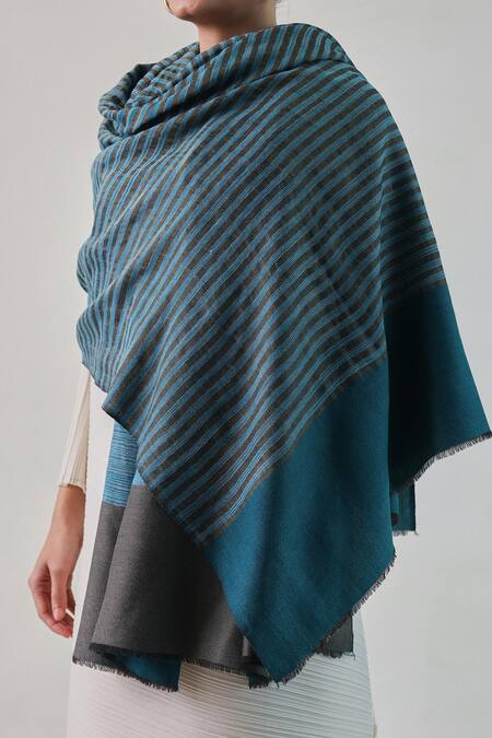 SHAZA_Blue Arzoo Zari Ekkat Stripe Pashmina Shawl _Online_at_Aza_Fashions