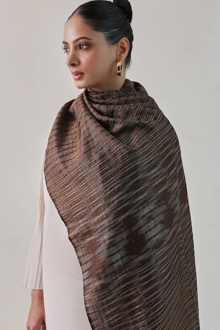 SHAZA_Brown Arzoo Zari Ekkat Stripe Pashmina Shawl _Online_at_Aza_Fashions