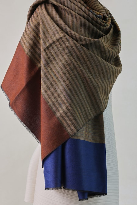 SHAZA_Brown Arzoo Zari Stripe Reversible Pashmina Shawl _Online_at_Aza_Fashions