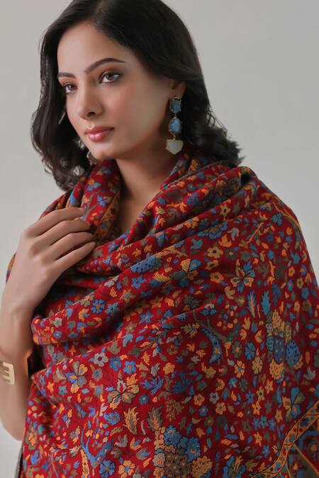 SHAZA_Red Kani Floral And Paisley Pattern Shawl _Online_at_Aza_Fashions