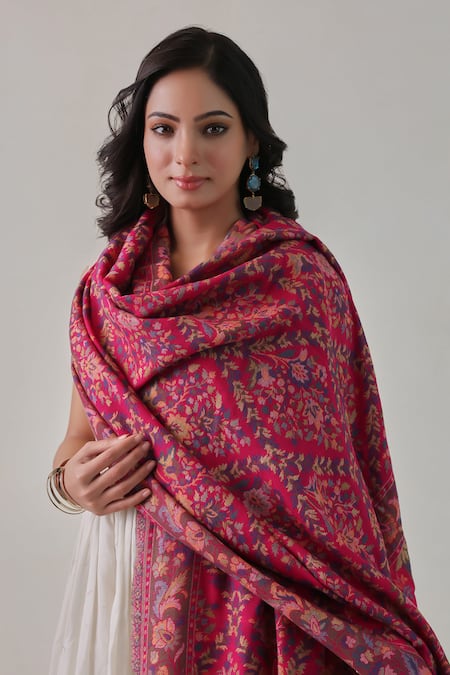 SHAZA_Pink Kani Floral Jaal And Mehrab Pattern Shawl _Online_at_Aza_Fashions