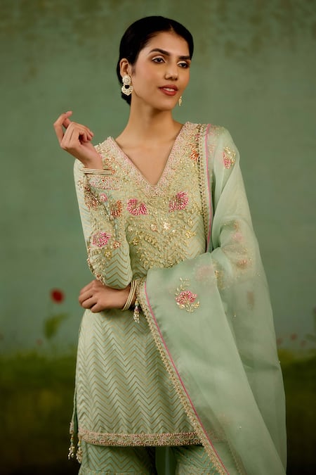 Buy_Shyam Narayan Prasad_Green Brocade, Silk, Organza Embroidery, Beads V-neck Zardozi Kurta Sharara Set _Online_at_Aza_Fashions