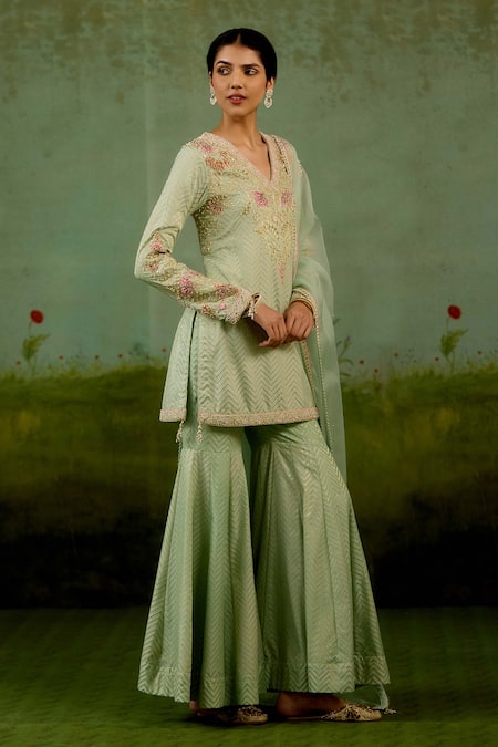 Shop_Shyam Narayan Prasad_Green Brocade, Silk, Organza Embroidery, Beads V-neck Zardozi Kurta Sharara Set _Online_at_Aza_Fashions