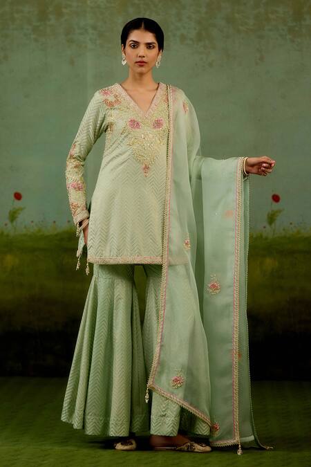 Shyam Narayan Prasad_Green Brocade, Silk, Organza Embroidery, Beads V-neck Zardozi Kurta Sharara Set _at_Aza_Fashions