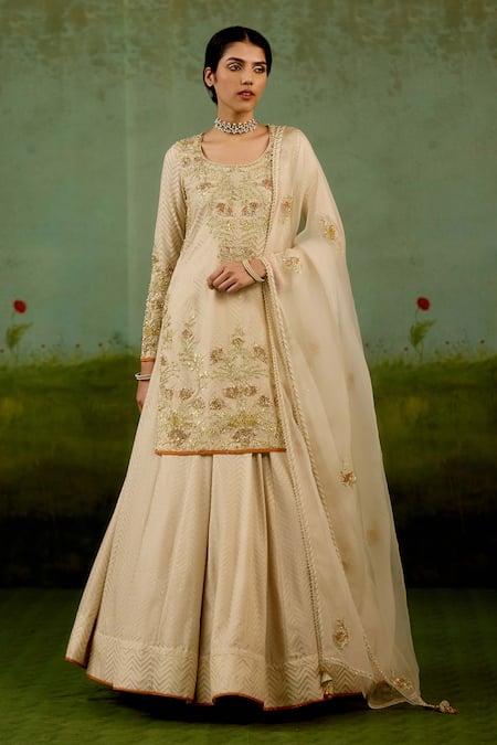 Shop Shyam Narayan Prasad Ivory Brocade, Organza Embroidery, Metallic Thread, Zardozi Kurta Lehenga Set Online at Aza Fashions Shop_Shyam Narayan Prasad_Ivory Brocade, Organza Embroidery, Metallic Thread, Zardozi Kurta Lehenga Set _Online_at_Aza_Fashions