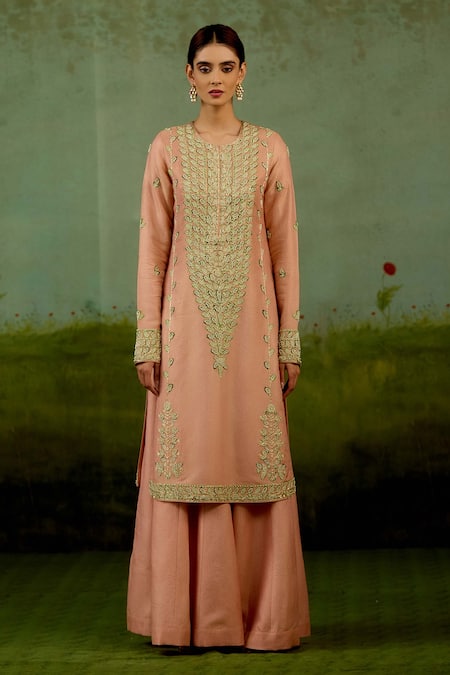 Shyam Narayan Prasad Pink Brocade, Organza Embroidery, Metallic Thread, Zardozi Kurta Sharara Set Online at Aza Fashions Shyam Narayan Prasad_Pink Brocade, Organza Embroidery, Metallic Thread, Zardozi Kurta Sharara Set _Online_at_Aza_Fashions
