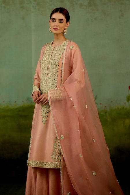 Shop Shyam Narayan Prasad Pink Brocade, Organza Embroidery, Metallic Thread, Zardozi Kurta Sharara Set Online at Aza Fashions Shop_Shyam Narayan Prasad_Pink Brocade, Organza Embroidery, Metallic Thread, Zardozi Kurta Sharara Set _Online_at_Aza_Fashions