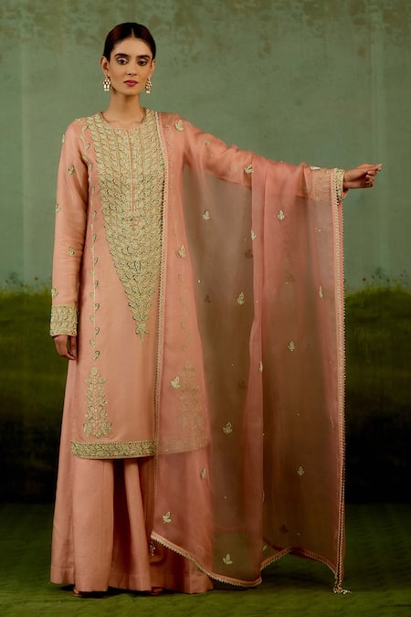 Buy Shyam Narayan Prasad Pink Brocade, Organza Embroidery, Metallic Thread, Zardozi Kurta Sharara Set Buy_Shyam Narayan Prasad_Pink Brocade, Organza Embroidery, Metallic Thread, Zardozi Kurta Sharara Set