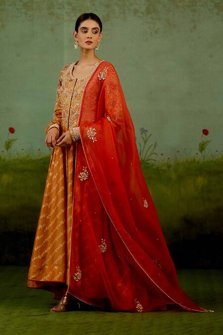 Shop Shyam Narayan Prasad Orange Brocade, Silk, Organza Embroidery, Stones, Zari Zardozi Anarkali Set Online at Aza Fashions Shop_Shyam Narayan Prasad_Orange Brocade, Silk, Organza Embroidery, Stones, Zari Zardozi Anarkali Set _Online_at_Aza_Fashions
