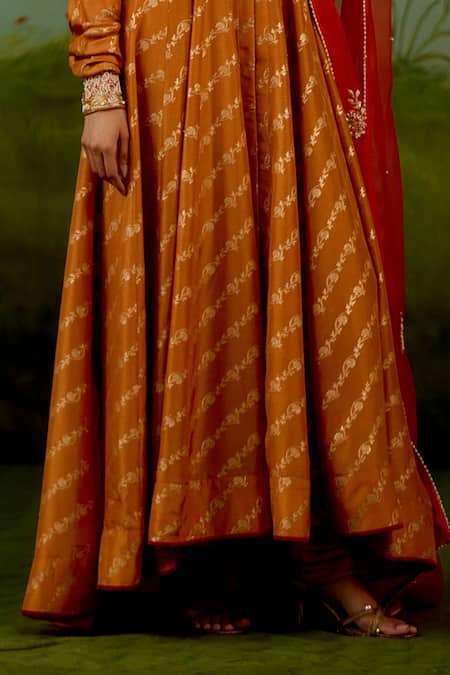 Shyam Narayan Prasad Orange Brocade, Silk, Organza Embroidery, Stones, Zari Zardozi Anarkali Set at Aza Fashions Shyam Narayan Prasad_Orange Brocade, Silk, Organza Embroidery, Stones, Zari Zardozi Anarkali Set _at_Aza_Fashions