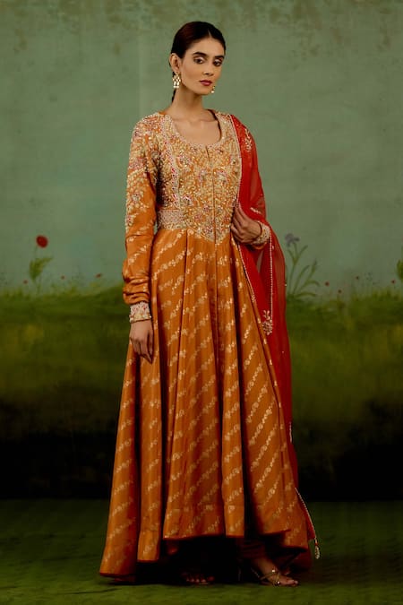 Buy Shyam Narayan Prasad Orange Brocade, Silk, Organza Embroidery, Stones, Zari Zardozi Anarkali Set Buy_Shyam Narayan Prasad_Orange Brocade, Silk, Organza Embroidery, Stones, Zari Zardozi Anarkali Set