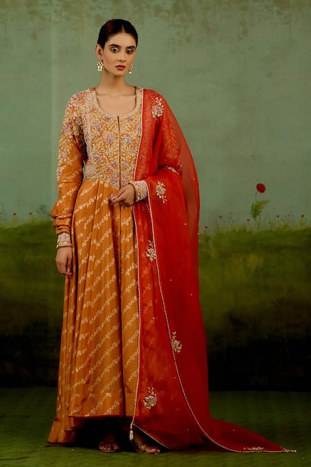 Shop Shyam Narayan Prasad Orange Brocade, Silk, Organza Embroidery, Stones, Zari Zardozi Anarkali Set Shop_Shyam Narayan Prasad_Orange Brocade, Silk, Organza Embroidery, Stones, Zari Zardozi Anarkali Set