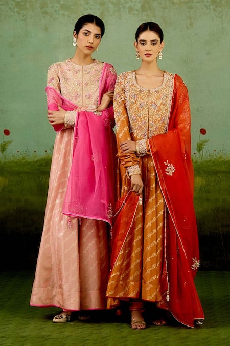 Shyam Narayan Prasad_Rose Gold Silk, Brocade, Organza Embroidery, Zari Round Zardozi Anarkali Set _Online_at_Aza_Fashions