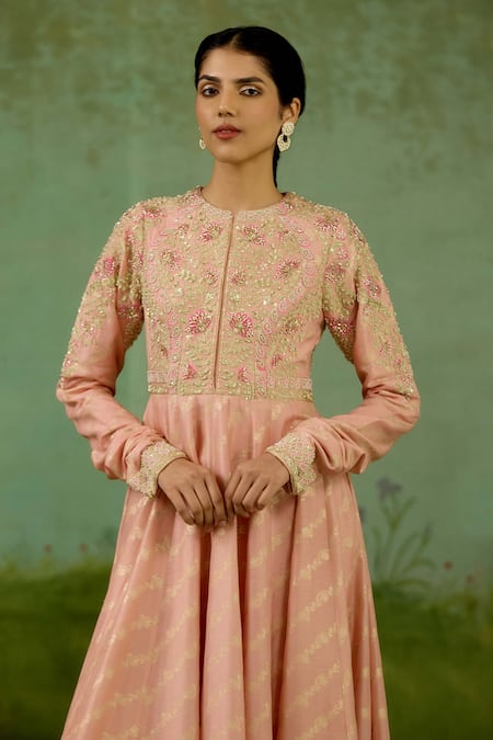 Shyam Narayan Prasad_Rose Gold Silk, Brocade, Organza Embroidery, Zari Round Zardozi Anarkali Set _at_Aza_Fashions