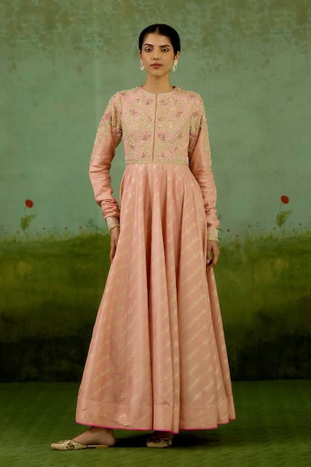 Buy_Shyam Narayan Prasad_Rose Gold Silk, Brocade, Organza Embroidery, Zari Round Zardozi Anarkali Set 
