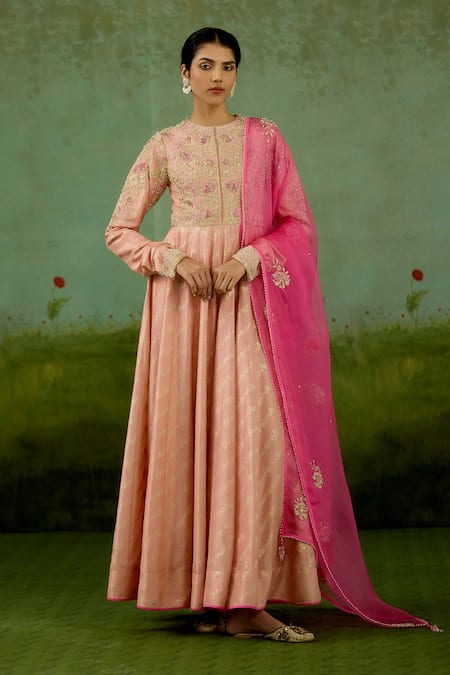 Shop_Shyam Narayan Prasad_Rose Gold Silk, Brocade, Organza Embroidery, Zari Round Zardozi Anarkali Set 