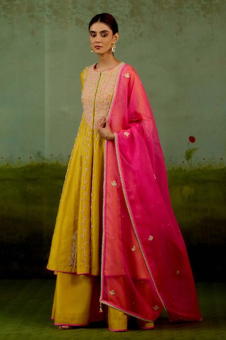 Shyam Narayan Prasad Yellow Silk, Brocade, Organza Embroidery, Stones Zardozi Anarkali Sharara Set Online at Aza Fashions Shyam Narayan Prasad_Yellow Silk, Brocade, Organza Embroidery, Stones Zardozi Anarkali Sharara Set _Online_at_Aza_Fashions