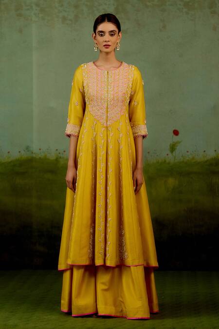 Shop Shyam Narayan Prasad Yellow Silk, Brocade, Organza Embroidery, Stones Zardozi Anarkali Sharara Set Shop_Shyam Narayan Prasad_Yellow Silk, Brocade, Organza Embroidery, Stones Zardozi Anarkali Sharara Set