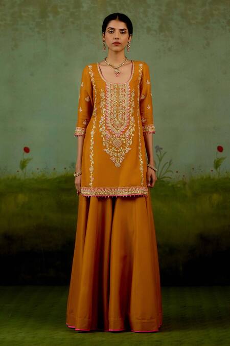 Shyam Narayan Prasad_Rust Brocade, Organza Embroidery, Beads, Zari Round Zardozi Kurta Sharara Set _Online_at_Aza_Fashions