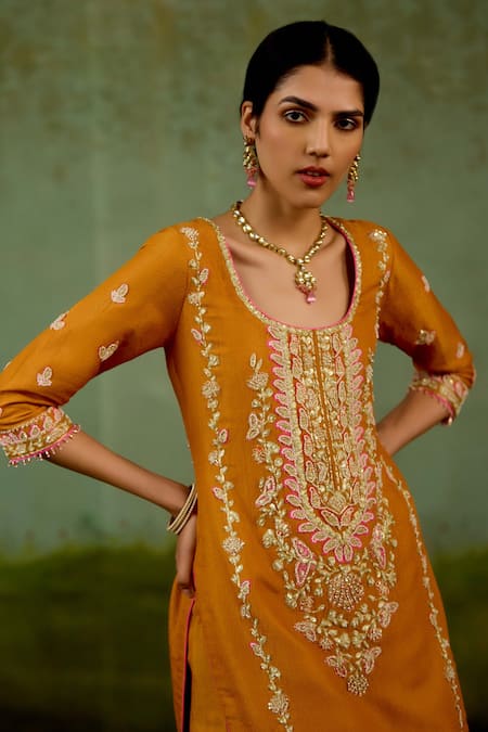 Buy_Shyam Narayan Prasad_Rust Brocade, Organza Embroidery, Beads, Zari Round Zardozi Kurta Sharara Set _Online_at_Aza_Fashions