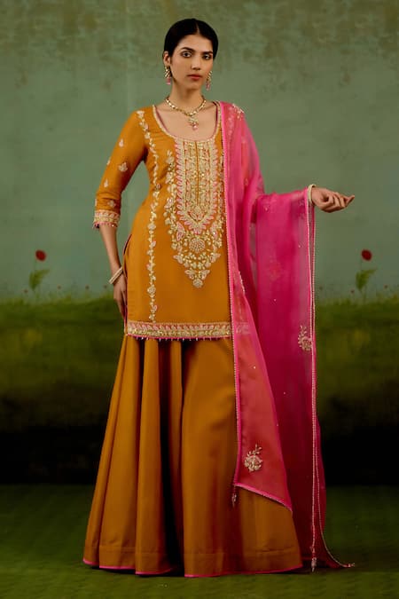 Shop_Shyam Narayan Prasad_Rust Brocade, Organza Embroidery, Beads, Zari Round Zardozi Kurta Sharara Set _Online_at_Aza_Fashions