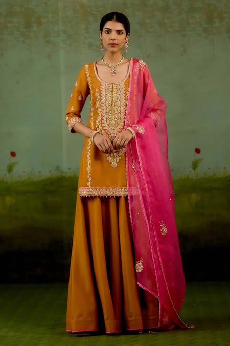 Shyam Narayan Prasad_Rust Brocade, Organza Embroidery, Beads, Zari Round Zardozi Kurta Sharara Set _at_Aza_Fashions
