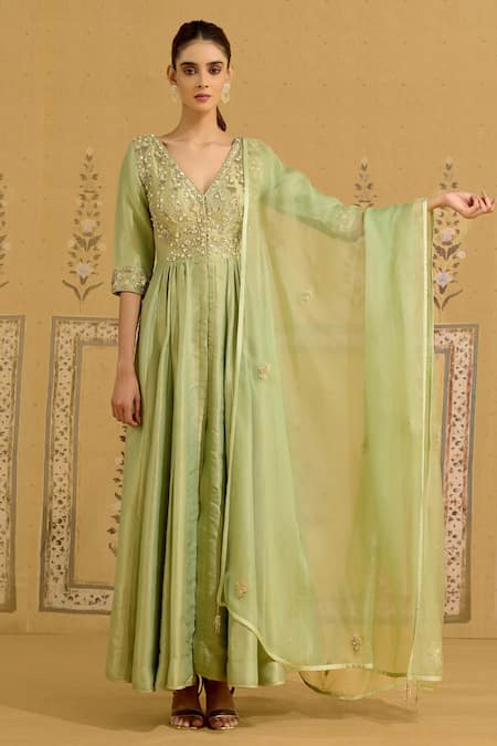 Shyam Narayan Prasad Green Brocade, Silk, Organza Embroidery, Stones, Zardozi Anarkali Pant Set Online at Aza Fashions Shyam Narayan Prasad_Green Brocade, Silk, Organza Embroidery, Stones, Zardozi Anarkali Pant Set _Online_at_Aza_Fashions